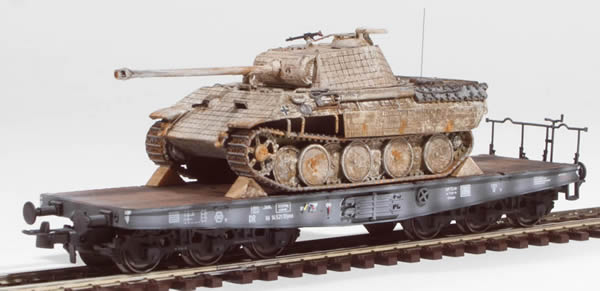 REI Models 387189 - German WWII Panther Winter Camo with battle damage loaded on a heavy 6 axle DRB flat car
